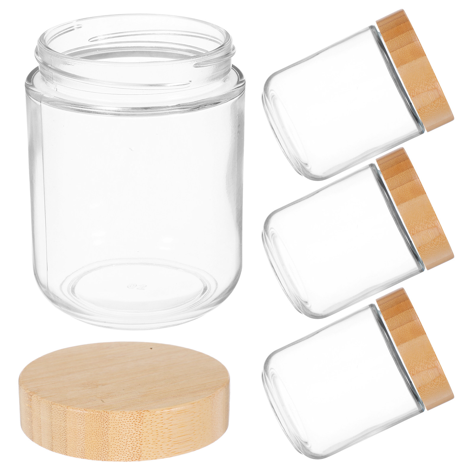 Food Storage And Container - 4 Adet Şeffaf Cam Kavanoz, Bambu